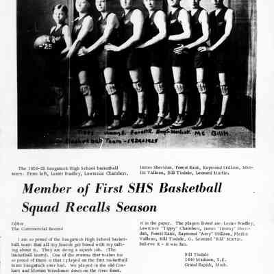 cr1973020807FirstBasketballSquad.jpg 297KB: The 1924-25 Saugatuck High School basketball team: From left, Lester Bradley, Lawrence Chambers, James Sheridan, Forest Rank, Raymond Stillson, Merlin Valleau, Bill Tisdale, Leonard Martin.