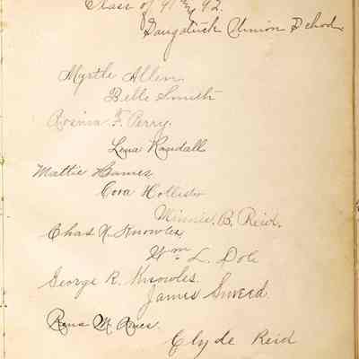 Saugatuck Union School Class of 1891- 1892: Myrtle Allen, Belle Smith, Rosina F. Perry, Lena Randall, Mattie Hames, Cora Hollister, Minnie B. Reid, Chas. M. Knowles, William L. Dole, George R. Knowles, James Smeed, Rena M. Ames, Clyde Reid