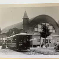 Interurban train car in front of the Big Pavilion