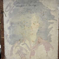          back of Iris painting reveals creative reuse; 