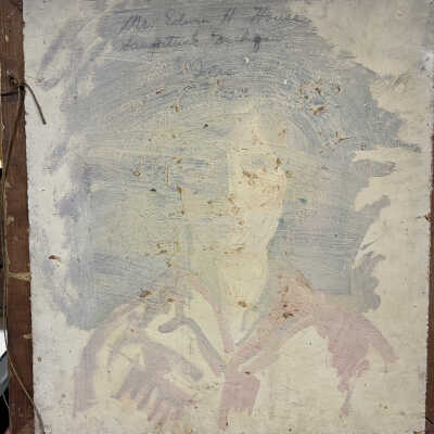 back of Iris painting reveals creative reuse: "Mrs. Edwin H. House" is Celia (Gamble) House, the mother of Celia M. House the Art Institute student.