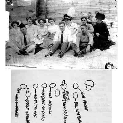 89-1-17A Birds Beachouse.jpg 397KB: Bob Moore, Bill Maynard, Emily (Thorpe) MDo, Unknown, Anna Maynard, Margaret Maynard, Helen Thorpe, George Maynard, Unknown