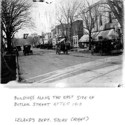 89-1-38 Butler Street north 1913.jpg 627KB: Buildings along the est side of Butler St. after 1913. Leland's Dept. Store (Right) Flags suggest the street was decorated for November 11 Armistice Day [Veterans Day] observance. The first Armistice Day was observed on 11/11/1918.