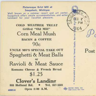 Picturesque Grist Mill at Saugatuck, Michigan Postcard Reverse