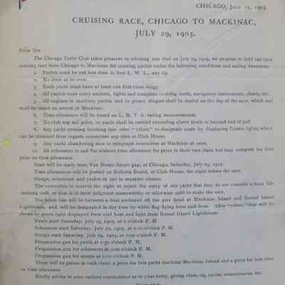 Chicago Yacht Club letter, July 15, 1905 outlining Chicago to Mackinac race conditions and directions