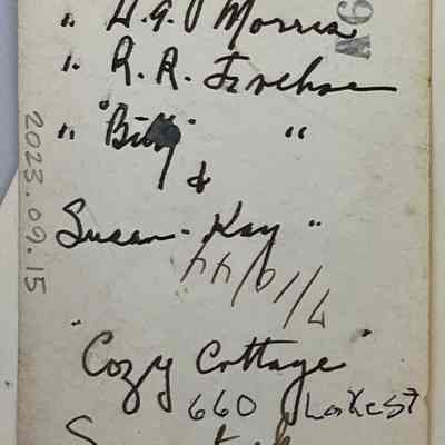 Mrs. Lighthart, Lillian Morris, Mrs. Russell Frehse, Billy Frehse and Susan Kay Frehse, 7/19/1944 at Cozy Cottage 660 Lake Street Saugatuck