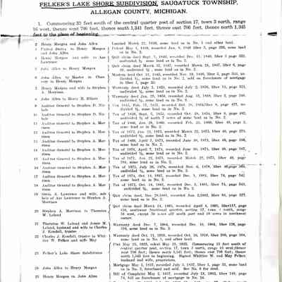 Otto-FelkersSubdivision-1-18.jpg 1.1MB: Two-page abstract of title for Felker's Lake Shore Subdivision 1836-1925, page 1