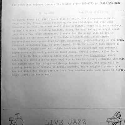 WCJP sponsored Saint Patrick's Day Dinner Dance featuring West Michigan All Star Jazz Ensemble: Fax timestamped Feb. 27, 1992. Event featuring Eddie Calhoun, Rick Hicks, Ted Gaul. Contact Tim Scully