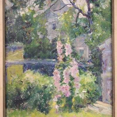 Oil on board painting of Hollyhocks