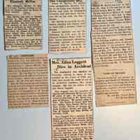          J. Newspaper clippings of obituaries for Elizabeth McVea #233 marked 1941, Elizabeth Jane Warnock #20, James W. McVea #240, Mrs. Anna (McVea) Leggett #236 and Charles W. McVea #237 marked 1926.
   