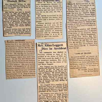 J. Newspaper clippings of obituaries for Elizabeth McVea #233 marked 1941, Elizabeth Jane Warnock #20, James W. McVea #240, Mrs. Anna (McVea) Leggett #236 and Charles W. McVea #237 marked 1926.