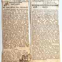          M. Two newspaper clippings of obituaries for John M'Vea #79; According to McVea family chart, John H. M'Vea was born 1878 in Belfast and died 1912 in Coleraine, Northern Ireland.
   