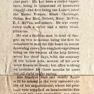 N. Newspaper clippings of obituary for Samuel McVea #34: According to the McVea family tree #34 was born 1832 in Co. Down and died 1889 in Douglas. A gravestone in Douglas cemetery displays Samuel McVea as born in 1864 and died 1938.
