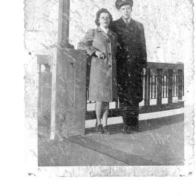 89-1-75 Edgecomb.jpg 604MN: L to R M Edgecomb [Edgcomb] Bill  - WWII era clothing, standing on bridge