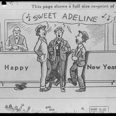 sim New years card.jpg 598KB: Happy New Year card of three men in a bar singing "Sweet Adeline" while the bartender looks on.