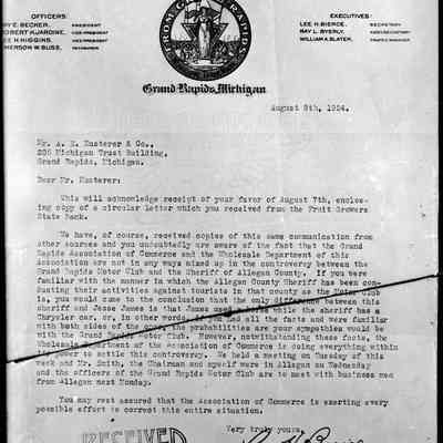 sim sheriffs letter mn104.jpg 791KB: Grand Rapids Association of Commerce letterhead, August 8, 1924. Dear Mr. Kusterer. Fruit Growers State Bank. Grand Rapids Motor Club and Sherrif of Allegan County. Signed Lee H. Buice?