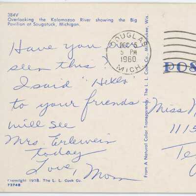 Overlooking the Kalamazoo River Showing the Big Pavilion Postcard Reverse