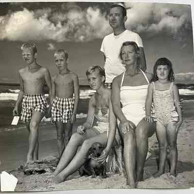 Heuchan family circa 1954-55: From left: Buz, Charlie, Heather H. (seated with hand on Dachshund), Don (standing), "Pete" (seated) and youngest child Mary. Don Heuchan was Commercial Record "Shorelines" author and sometimes captain of Island Queen and Queen of Saugatuck.