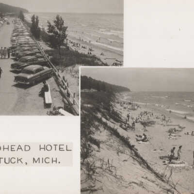 Real photo postcard of two Oval Beach scenes and name of the Mt. Baldhead Hotel: 31096