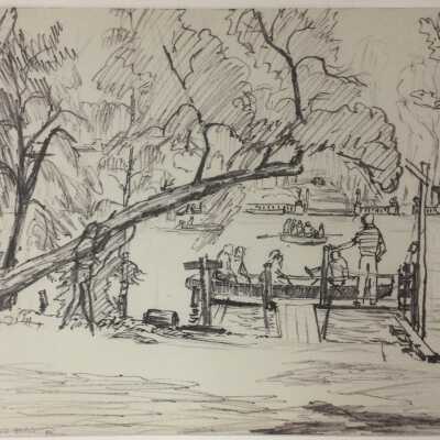 Rowboat ferry on Kalamazoo River by Wilfrid Berg