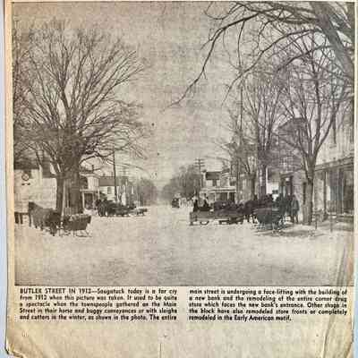 undated* clipping from the Commercial Record dating the photo to 1912: BUTLER STREET IN 1912-Saugatuck today is a far cry from 1912 when this picture was taken. It used to be quite o spectacle when the townspeople gathered on the Main Street in their horse and buggy conveyances or with sleighs and cutters in the winter, as shown in the photo. The entire main street is undergoing a face-lifting with the building of a new bank and the remodeling of the entire corner drug store which faces the new bank's entrance. Other shops in the block have also remodeled store fronts or completely remodeled in the Early American motif. 
*Possibly printed in 1961 since the back of the clipping has an ad celebrating the "third addition to the City of Holland's James De Young generating station."