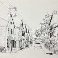          1. A lane in Provincetown, Mass with a car on the street, power lines and trees overhead.
   