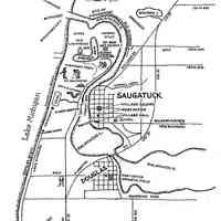          Source: SDHS newsletter pg. 248
The map was drawn by William Simmons and shows the newly installed storm warning tower on the west shore of the river as well as the old Douglas water tower.
Map also includes a Ghost Forest, Devil's Kitchen and Hooter Road.
   