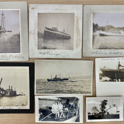 Nautical photos: Schooner of Chas Ludwig "Magdelena" -- "photo by James M. Brown (w/1st camera in Saug)" written on back
Bon Voyage - "Jas. M. Browne, Saugatuck, Mich.'" stamped on back
J.C. Suit Shrivers Hotel in distance
Moth of old harbor McVea
Heath's Boat he was on in Aleotians - "New Caledonia" written on back
North and South American
Bea Brown and Peg Hamilton
"7-2-1914 This is a boat we passed on the way up the coast. It is a Government boat that inspects the light houses along the coast."