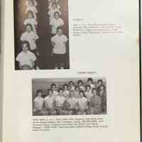          Compass 1963 Girls althletics; VARSITY - Left, f. to b.; Bette Brackenridge, Vera Streicher, Kris Simmons, Sally Wieland, Joyce McMillian. Right, Jeannine Bekken, Chick Wilson, Sandy Popielewski, Joanne Drapak, Barb Poirier.
JUNIOR VARSITY - FIRST ROW, L. to r.; Alice York; Polly Compton; Anne Byrd; Marty Smith; Regina Bekken; Miss Holmgren, Coach. SECOND ROW; Barb Hemwall; Sherry Wieland; Joyce Stark; Be Butler; Lois Thorby, Manager. THIRD ROW; Mary Schaeffer; Roberta Wilson; Nancy Drapak; Elaine Crawford.
   