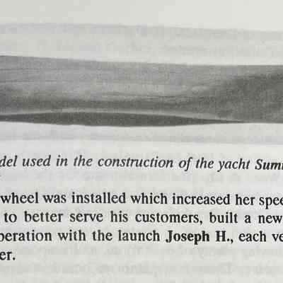 "Built on the Banks of the Kalamazoo" by Kit Lane, 1993, page 199: A half model used in the construction of the yacht Summer Girl.
In 1905 a new wheel was installed which increased her speed by about two miles an hour, and Menier, to better serve his customers, built a new dock at the bathing beach. She ran in cooperation with the launch Joseph H., each vessel accepting return tickets sold by the other.