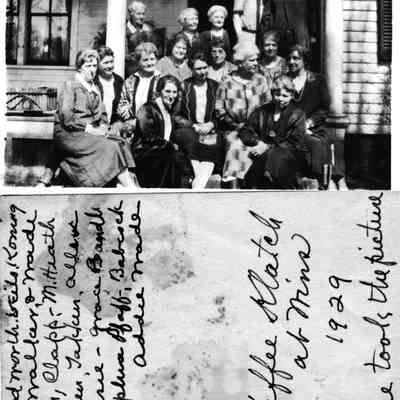 Kaffee_Klatch_1929.jpg 583KB: Jaffee Klatch at Nins? 1929. Sue took the picture. ??? Koning, Walker, ? ?  Clapp, M. Heath, Hazen, Takken, Allen, Bessie - Grace Bandle, Sophia Pfaff, Babcock, Addie Wade
