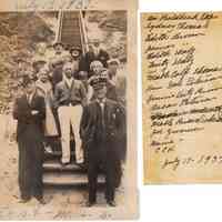          HH-OnBaldheadSteps.jpg 2.6MB; July 17, 1937 - on Baldhead Steps, Sydney Thomas, Edith Brown, James Brown, Edith Walz, Fritz Walz -- Mable Colf Thomas, ? Dale Peterson, Jennie Veits Brown, Oscar Peterson, same scratched out Woodworth?, Mable Brown Soderstrom, Joe Givemer, Beinie or Blinie, C.E.H. At bottom: T.N.B.S - M.A.S.
   
