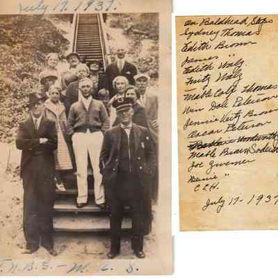 HH-OnBaldheadSteps.jpg 2.6MB: July 17, 1937 - on Baldhead Steps, Sydney Thomas, Edith Brown, James Brown, Edith Walz, Fritz Walz -- Mable Colf Thomas, ? Dale Peterson, Jennie Veits Brown, Oscar Peterson, same scratched out Woodworth?, Mable Brown Soderstrom, Joe Givemer, Beinie or Blinie, C.E.H. At bottom: T.N.B.S - M.A.S.