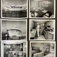          Photos of Denison's Broward Marine-built yacht the Johnathan III; With a pink marble head and TV/stereo center and formica galley
   