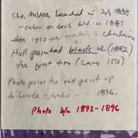          Post-it note by Jim Schmiechen with information about the Charles McVea; Chas. McVea launched in July 1888 -- cabin or deck blt in 1889. 1890 was working in Charlevoix. Hull painted black in (1892) for first time (Lane 150)
Photo prior to red paint up to 