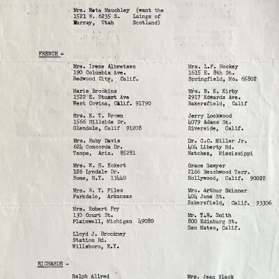 front: Contact information list for descendants of Laing, French and Richards families.