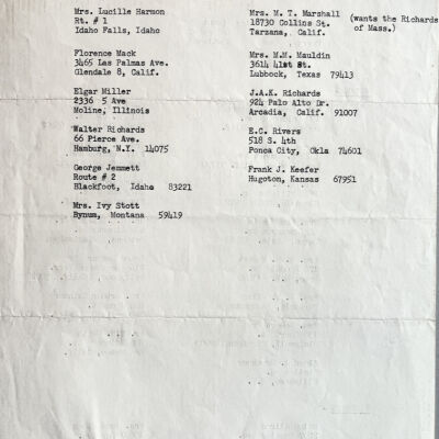 back: Contact information list for descendants of Laing, French and Richards families.