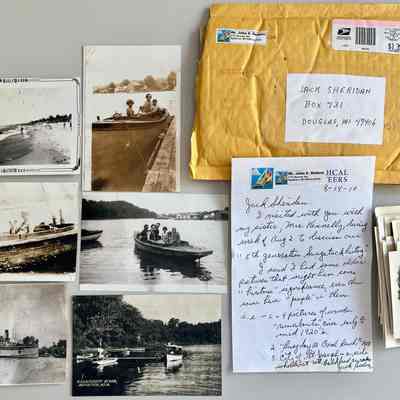 From the 14 Aug 2010 donor's note signed by donor Jack Bedore:
4 pictures of wooden "runabouts," circa early to mid 1920's
"Busy day at Oval Beach" - 1938
City of St. Joseph - a side wheeler at Mt. Baldhead Curve.