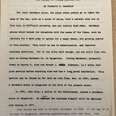 The History of Koning Hardware Co. by Frederik H. Geerdink, pg1: Paper copy available in the properties folder for 439 Butler Street