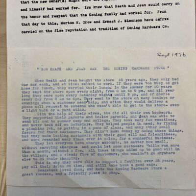 pg 9 with addtion "How Heath and Jean Ran the Koning Hardware Store" dated Sept 1976