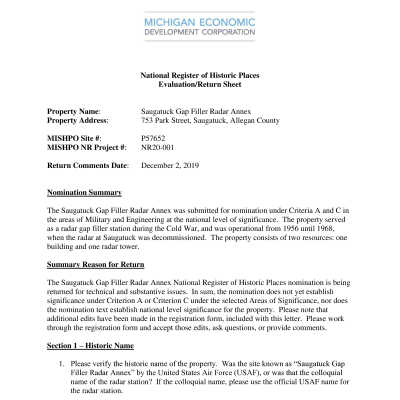 20191202_Saugatuck Gap Filler Radar_NRHP Draft 1_SHPO Comments.pdf 279KB: State Historic Preservation Office SHPO comments to improve the nomination. This PDF is not included on CD1