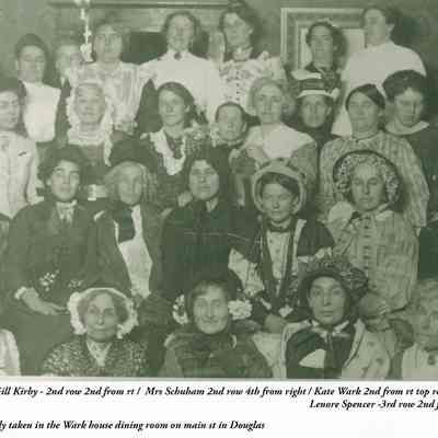 Kontio_Halloween_group_ca_1910.jpg 534KB: Sarah Gill Kirby - 2nd row 2nd from rt / Mrs Schuman 2nd row 4th from right / Kate Wark 2nd from rt top row / Lenore Spencer - 3rd row 2nd fr rt. Probably taken in the Wark house dining room on main st. in Douglas