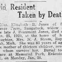         cr1929020108MrsElizJones.jpg 24KB; Elizabeth B. Jones, widow of J. Beaumont Jones, died in 1929 at the home of her daughter N.J. Strom. Mother of 13 children.
   