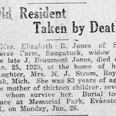 cr1929020108MrsElizJones.jpg 24KB: Elizabeth B. Jones, widow of J. Beaumont Jones, died in 1929 at the home of her daughter N.J. Strom. Mother of 13 children.