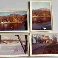          Color photos timestamped February 1962; Clockwise from upper left: Mt. Baldhead before radar tower received radome and river front building with Coca-cola signs, possibly 635 Park St.; autumn street with white, church-like building; river by Ship-n-shore frozen
   