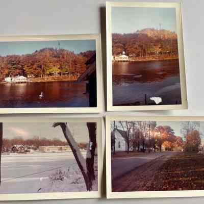 Color photos timestamped February 1962: Clockwise from upper left: Mt. Baldhead before radar tower received radome and river front building with Coca-cola signs, possibly 635 Park St.; autumn street with white, church-like building; river by Ship-n-shore frozen