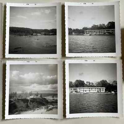 Seven photos timestamped Feb 62: Clockwise from upper left: Brother Hank Hungerford on bicycle in front of Gleason's Party Store at 650 Water St.; looking across turning basin toward Ox-Bow lagoon; north end of Ship-n-Shore boatel; the first of three apartment buildings at 547, 533 and 515 Water St. [one is Riverside Inn circa 2019]; south end of Ship-n-Shore; possibly Beach House at Oval Beach; turning basin