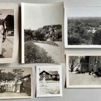 Clockwise from upper left: Woman identified as "one of Dad's flames ... at 4-way stop at Coghlin Park" Reed's Livery building in background; Lucy St. to Water St. curve across the river from Mt. Baldhead; Hotel Baldhead and Hungerford River House as seen from Mt. Baldhead; Winter garden at All Saints Episcopal Church; Jane Hungerford's Uncle George's football fumble in front of Ross Phelps residence at 231 Water St.; group of people at New Richmond bridge circa 1910