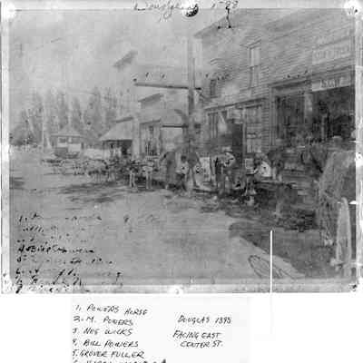 89-1-71_Downtown_Douglas_1898.jpg 7.5MB: Original in box 31, envelope 89-1-71 -  Powers horse, M. Powers, Neg Wicks, Bill Powers, Grover Fuller, Harry Naracong, Frank Naracong, Bill Wicks, Douglas 1898, Facing east Center St.