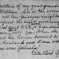          bf032A.jpg 193KB - handwritten note on back of bf032.jpg; This is a picture of my great grandmother Mary Wattrus. She is the woman who nursed all her pioneer neighbors. She went and spent the night nursing and took great Aunt Kate Moore and Grandma Desiah Van Housen Bird with her. When she returned she found her hosue burned to the ground and her husband and 3 sons with it. Her name was 'Galusha.' Elita Bird Graves
   